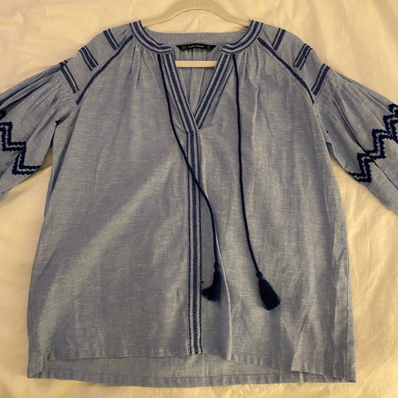 Zara Blue Blouse With Blue Embroider - Picture 1 of 4